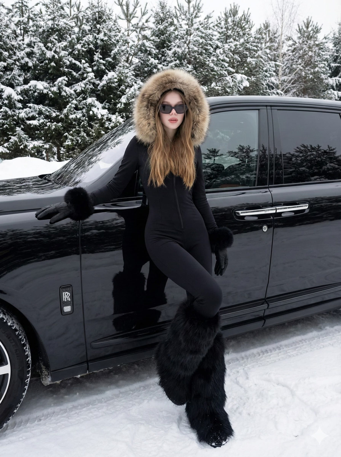 A fashionable woman in a fur-trimmed jumpsuit next to a black Rolls-Royce Cullinan in a snow-covered landscape.