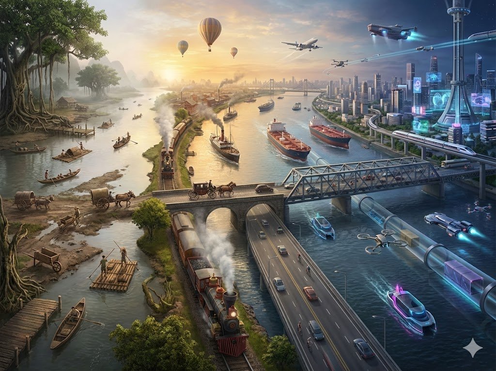 A seamless panoramic illustration showcasing the evolution of transportation along a river, from ancient canoes to futuristic vessels.