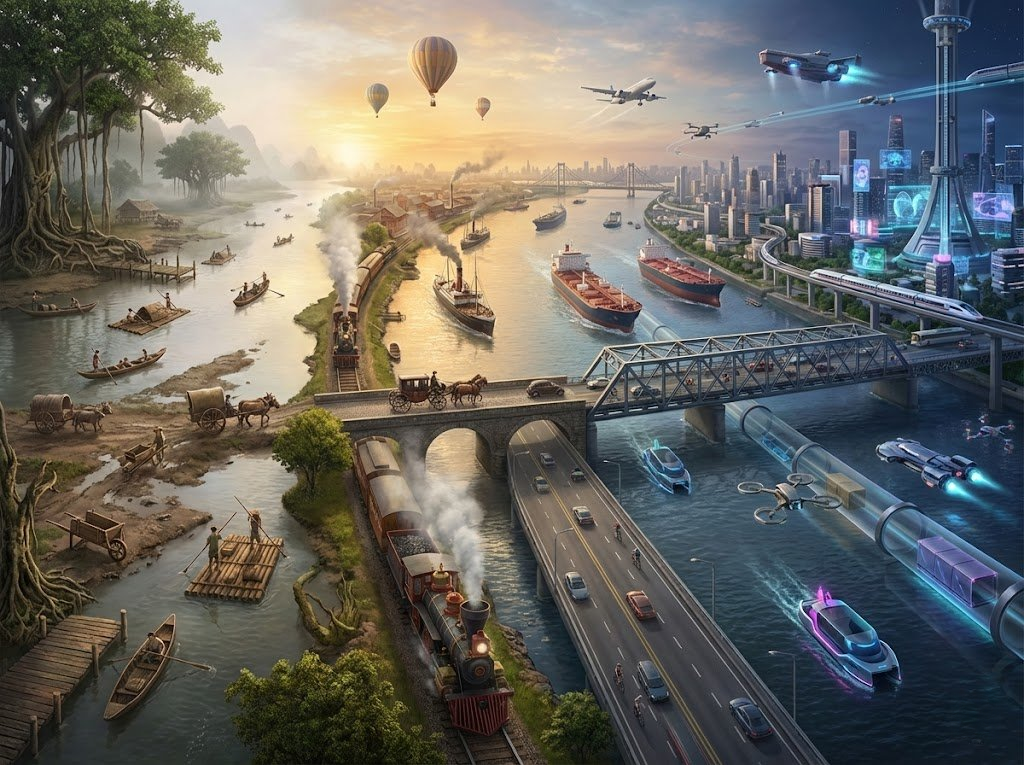 A seamless panoramic illustration showcasing the evolution of transportation along a river, from ancient canoes to futuristic vessels.