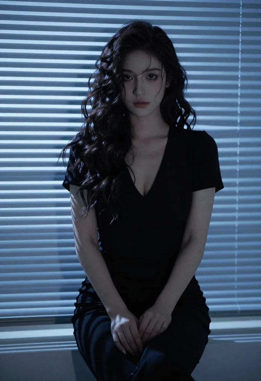 Woman With Dark Wavy Hair Sits Against Background Horizontal Blinds reference photo