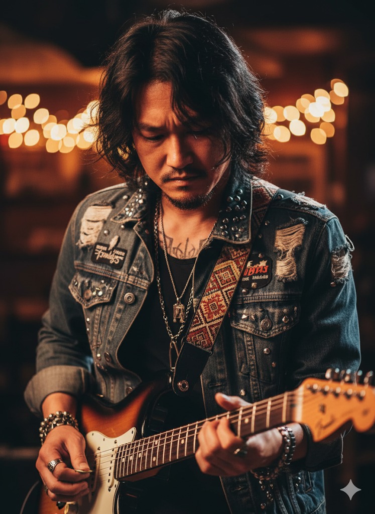 A rugged young man with wavy hair and tattoos wearing a denim jacket, passionately playing a vintage Fender guitar in a warm bokeh setting.