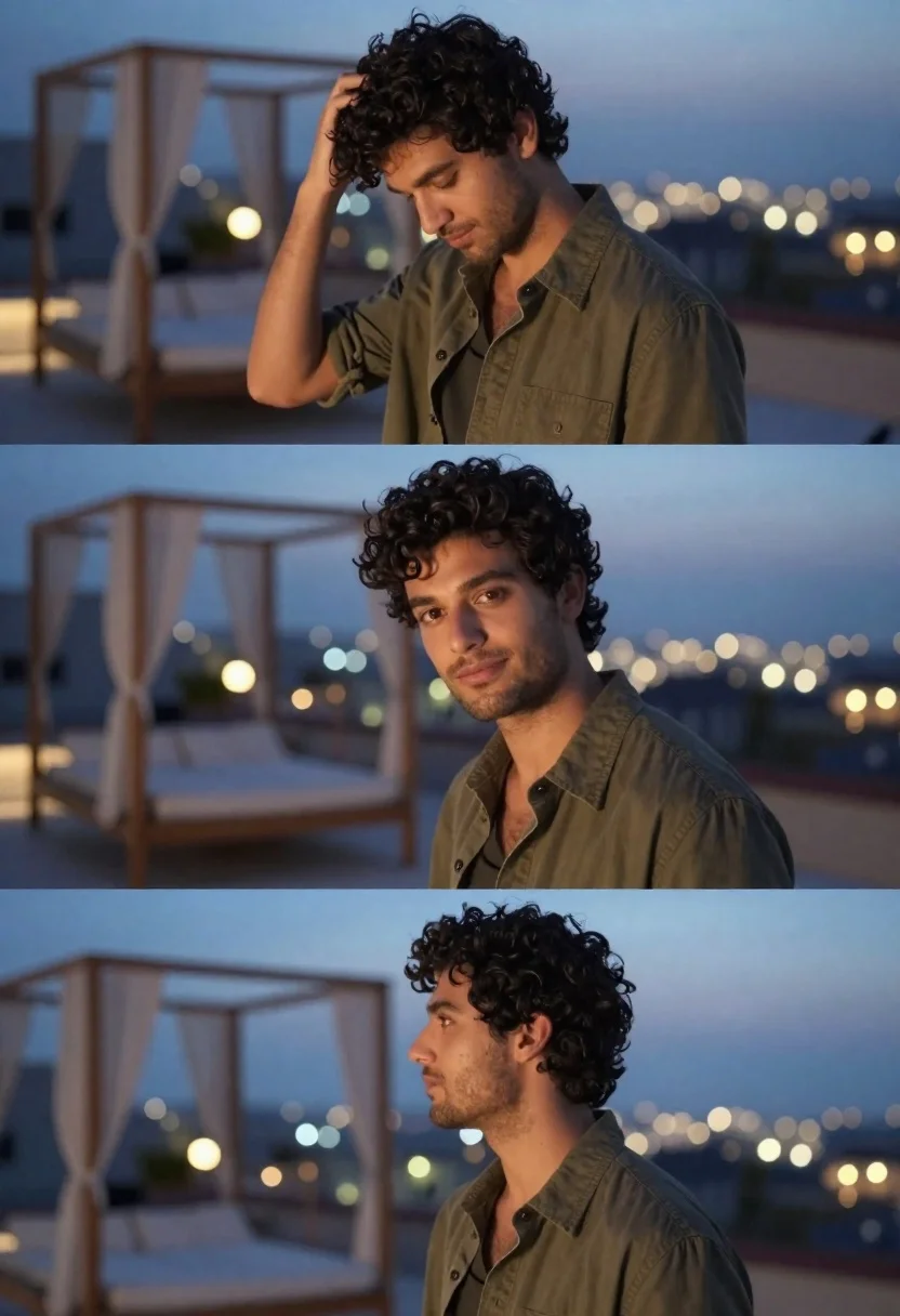A young man with dark curly hair and stubble poses on a rooftop terrace during the blue hour, featuring soft ambient light and glowing bokeh.