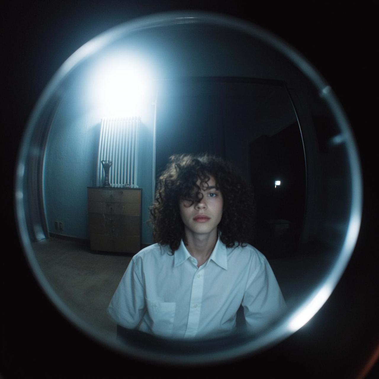 Fisheye Young Dark Curly Medium Length Fair
