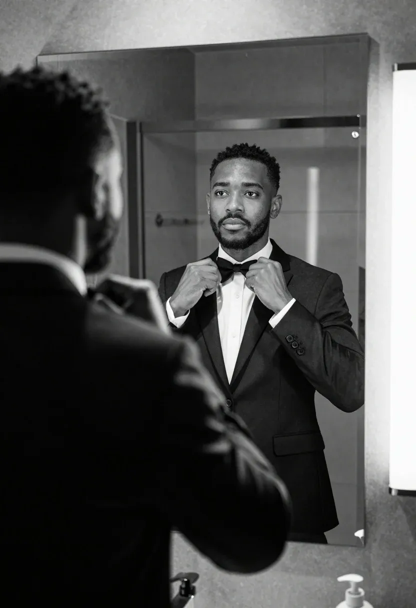 Black And White Photograph Man Adjusting His Bow Tie While