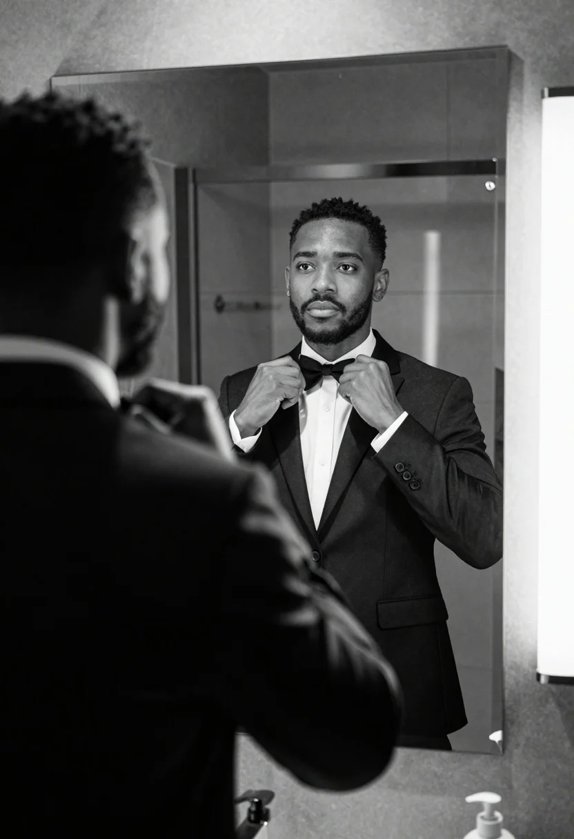 Black And White Photograph Man Adjusting His Bow Tie While