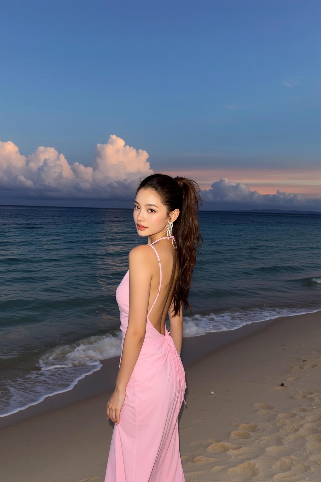 Pink Backless Dress Beach Sunset