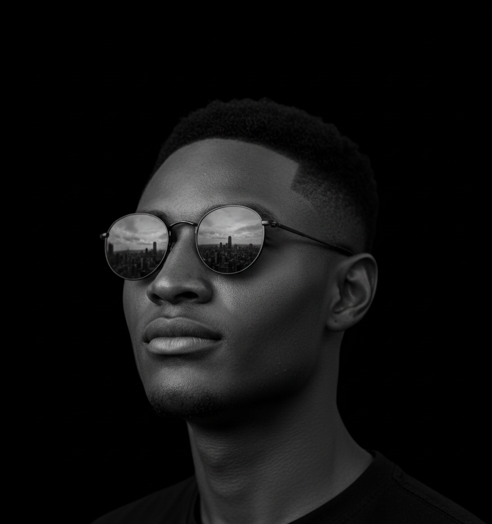 Close-up black and white portrait of DJ AMYSTY BOHYEBA, showcasing high-contrast lighting and reflective sunglasses with city skyline reflections.