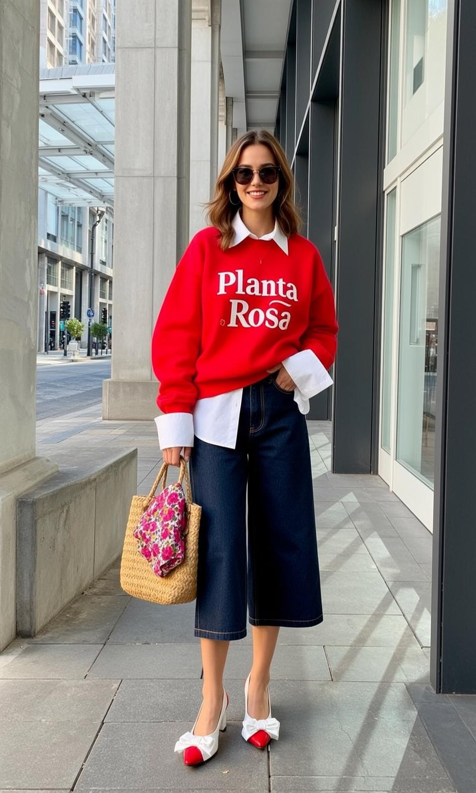 Red Sweatshirt White Lettering Culottes Straw Bag