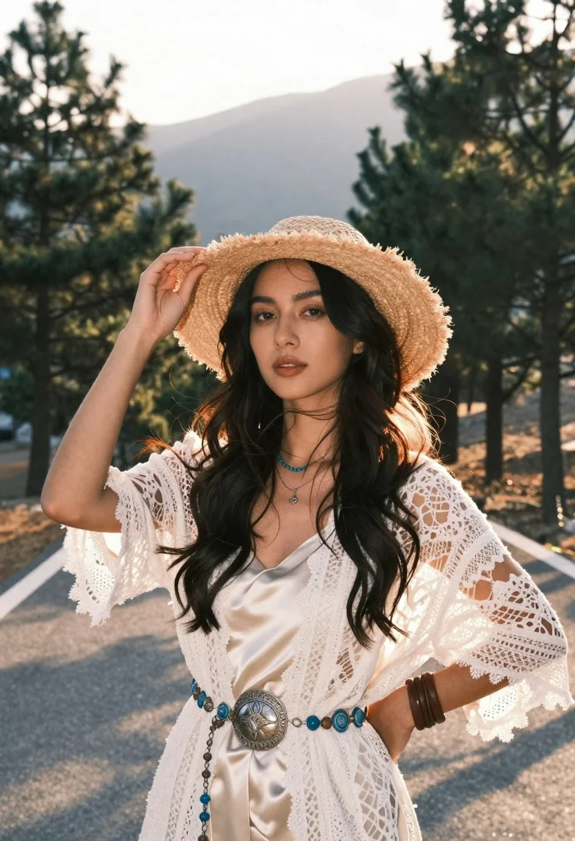 Woman Stands Sun-drenched Outdoor Setting With Mountains And Trees The