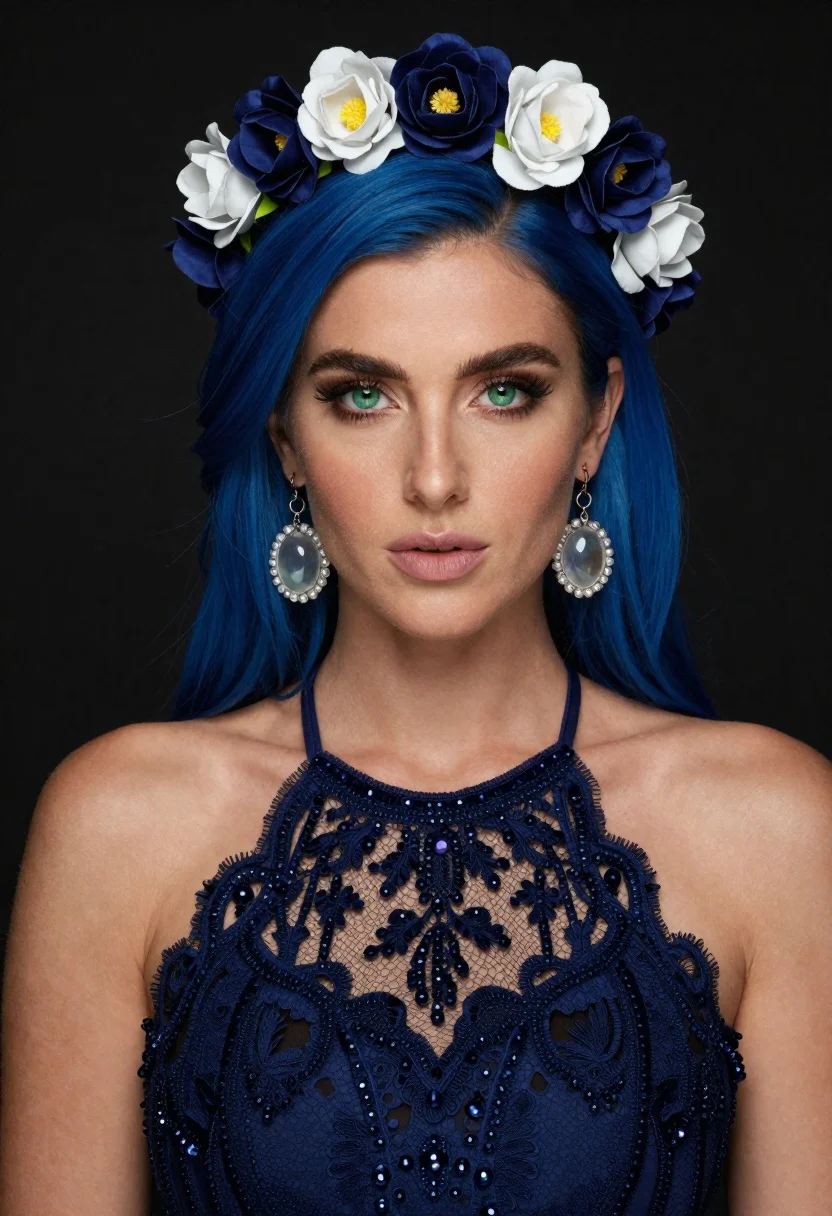 Portrait Woman With Striking Blue Hair And Elaborate Floral Crown reference photo