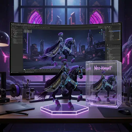 A detailed 3D figurine in front of a computer desk, showcasing vibrant colors and realistic features.