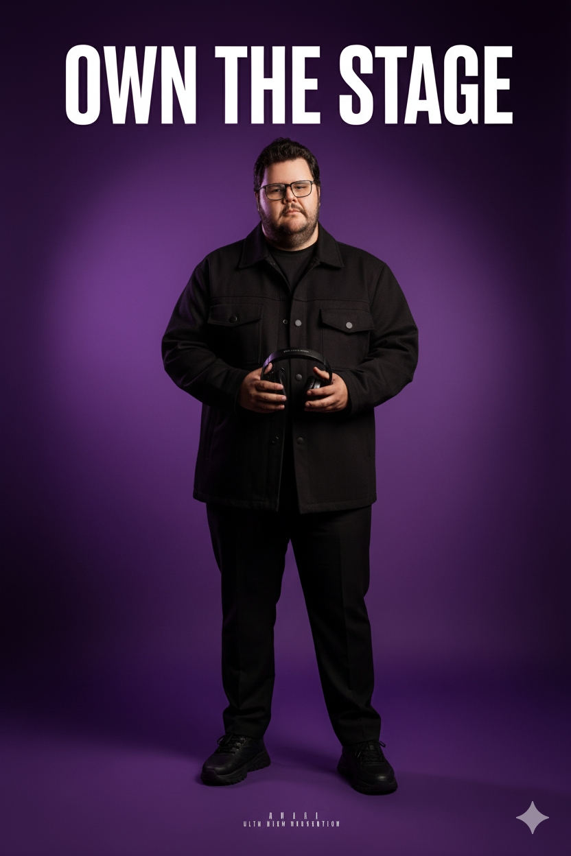 A man in a monochrome black outfit stands confidently with DJ headphones, surrounded by a deep purple spotlight backdrop.