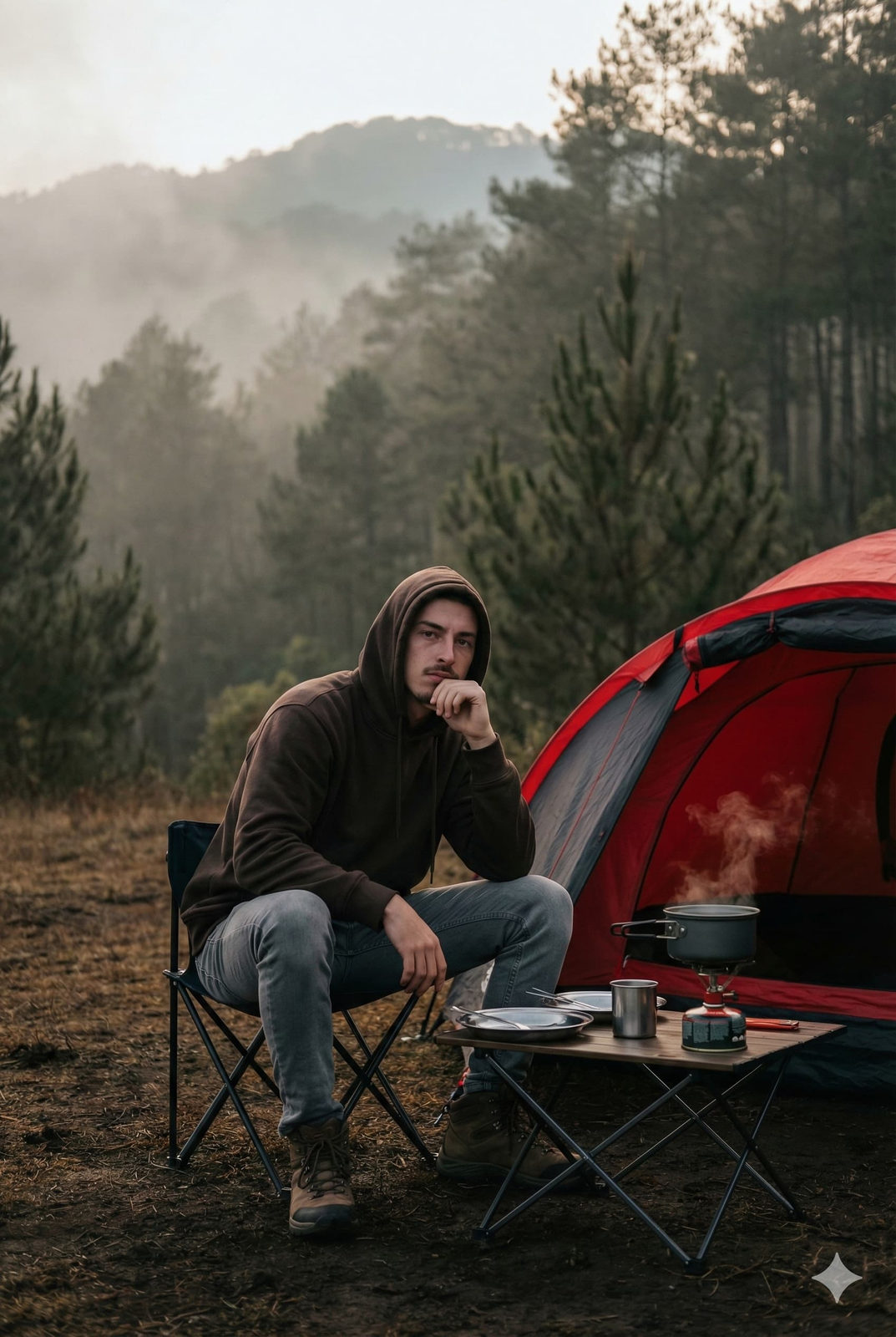A moody portrait of a person seated on a camping chair, wearing a dark hoodie and grey jeans, with a foggy forest backdrop.