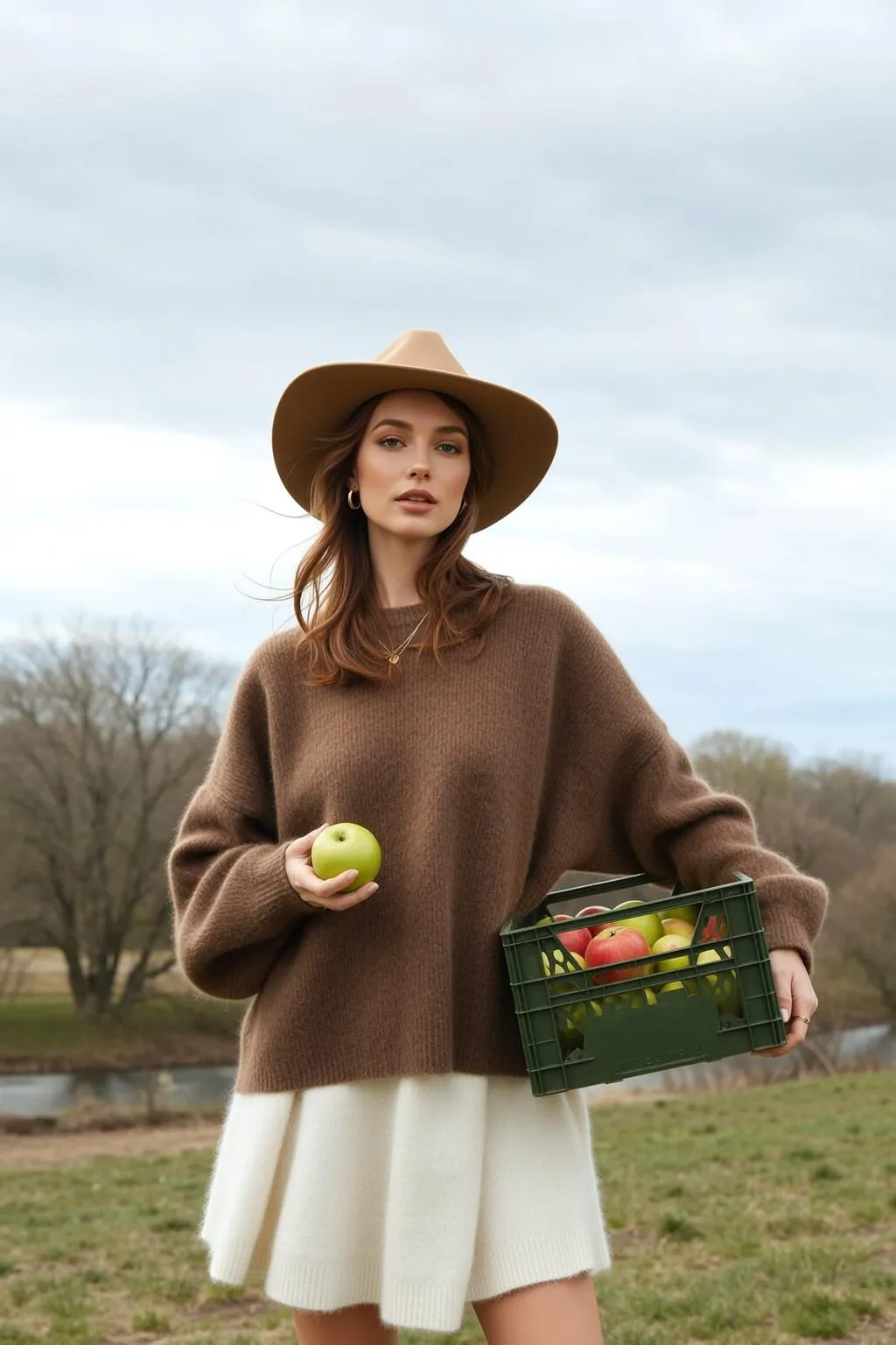 Earrings And Necklace With Oversized Brown Knit Sweater