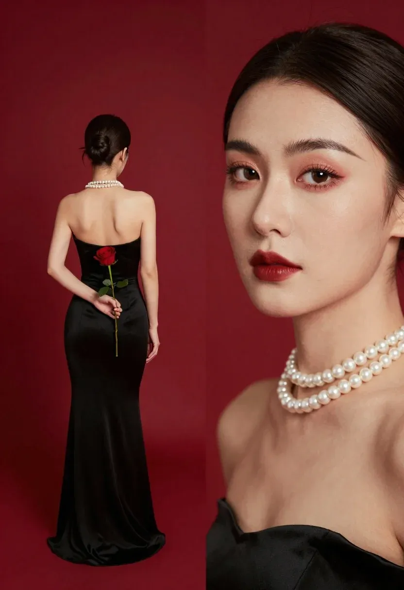 Split Composition Portrait Featuring Woman Full-length View Holding Red Rose