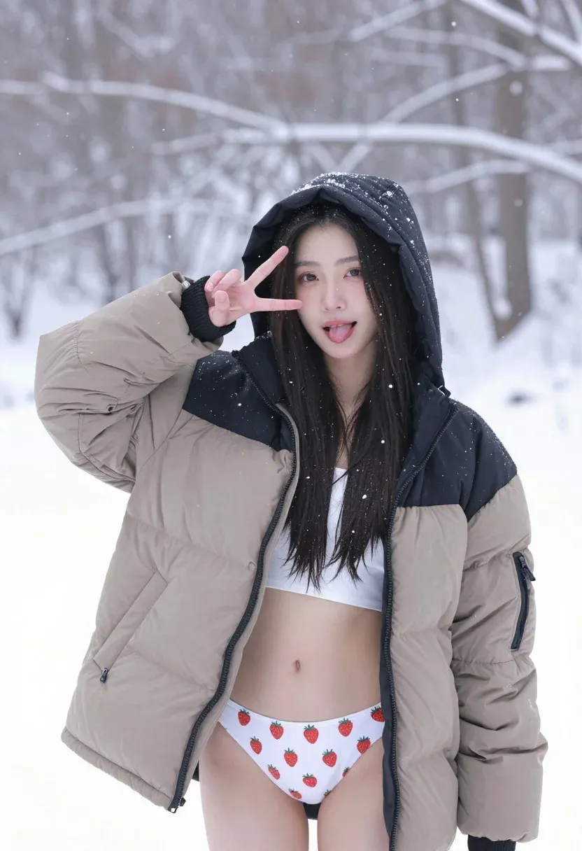 Young Woman Stands Snowy Landscape Making Peace Sign With Her