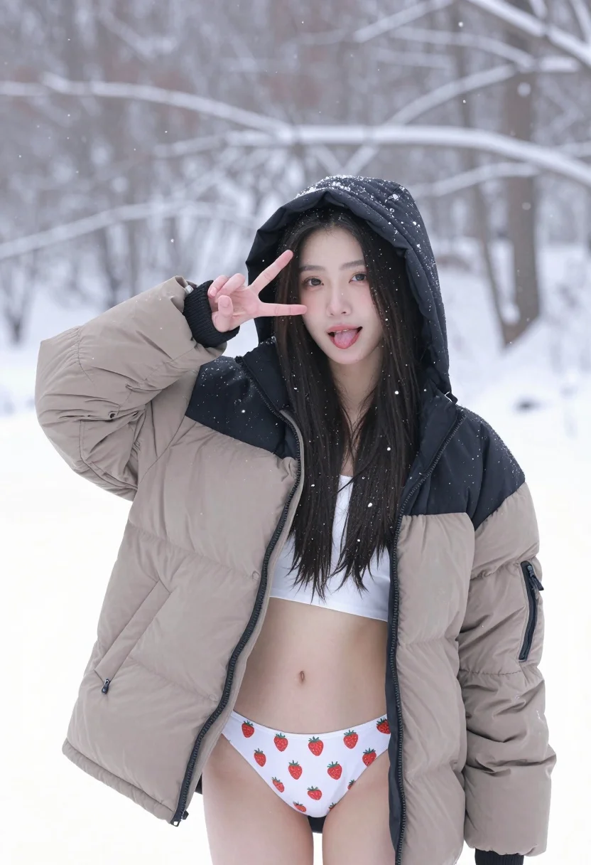 A young woman stands in a snowy landscape making a peace sign while playfully sticking out her tongue.