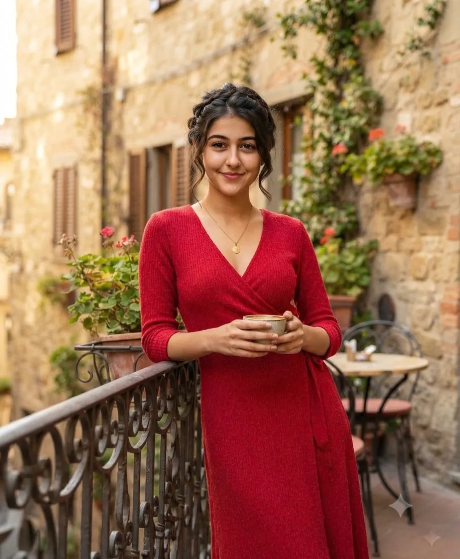 Cozy Long Sleeved Red Wrap Dress In Soft Glow Golden