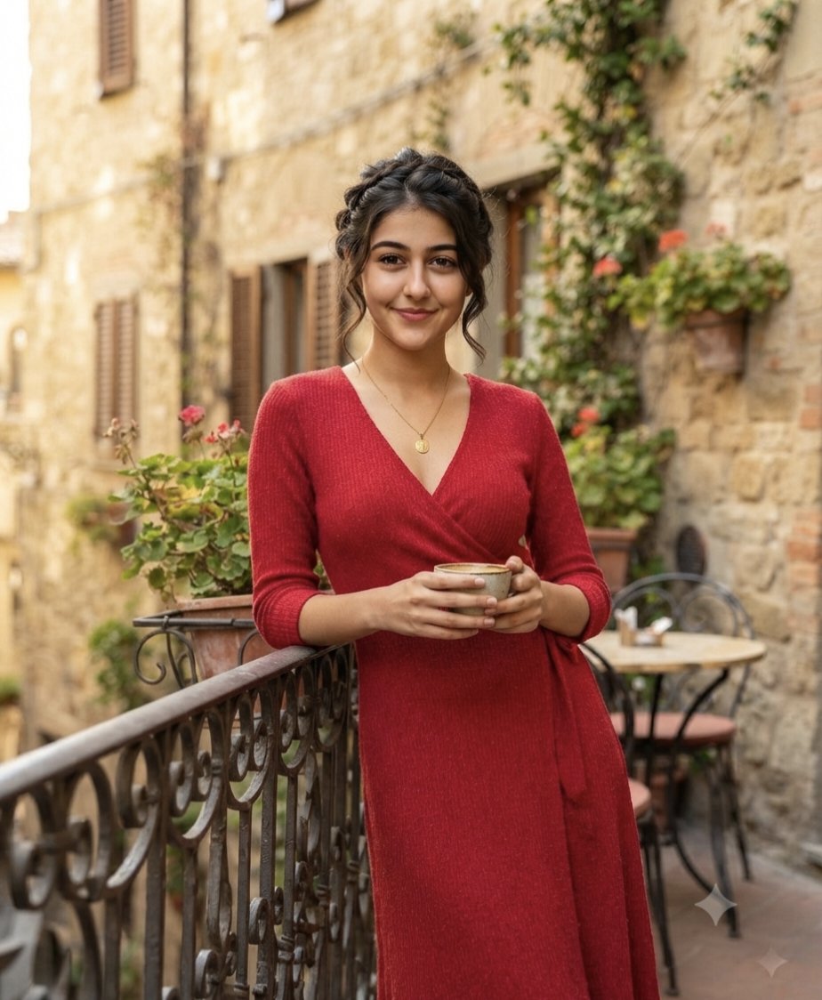 Cozy Long Sleeved Red Wrap Dress In Soft Glow Golden