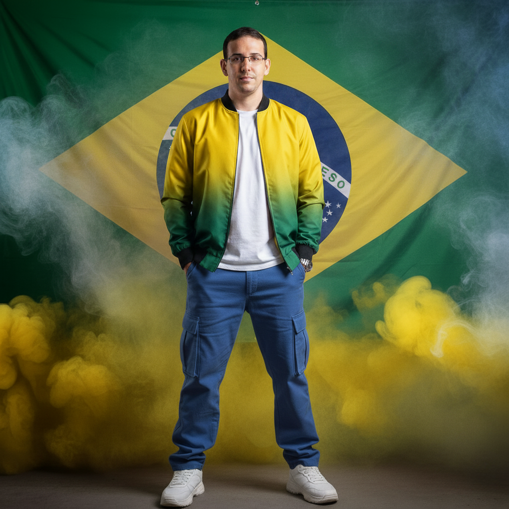 A handsome young Latino man in a yellow-to-green ombre bomber jacket poses confidently, with swirling yellow and white smoke and a Brazilian flag.