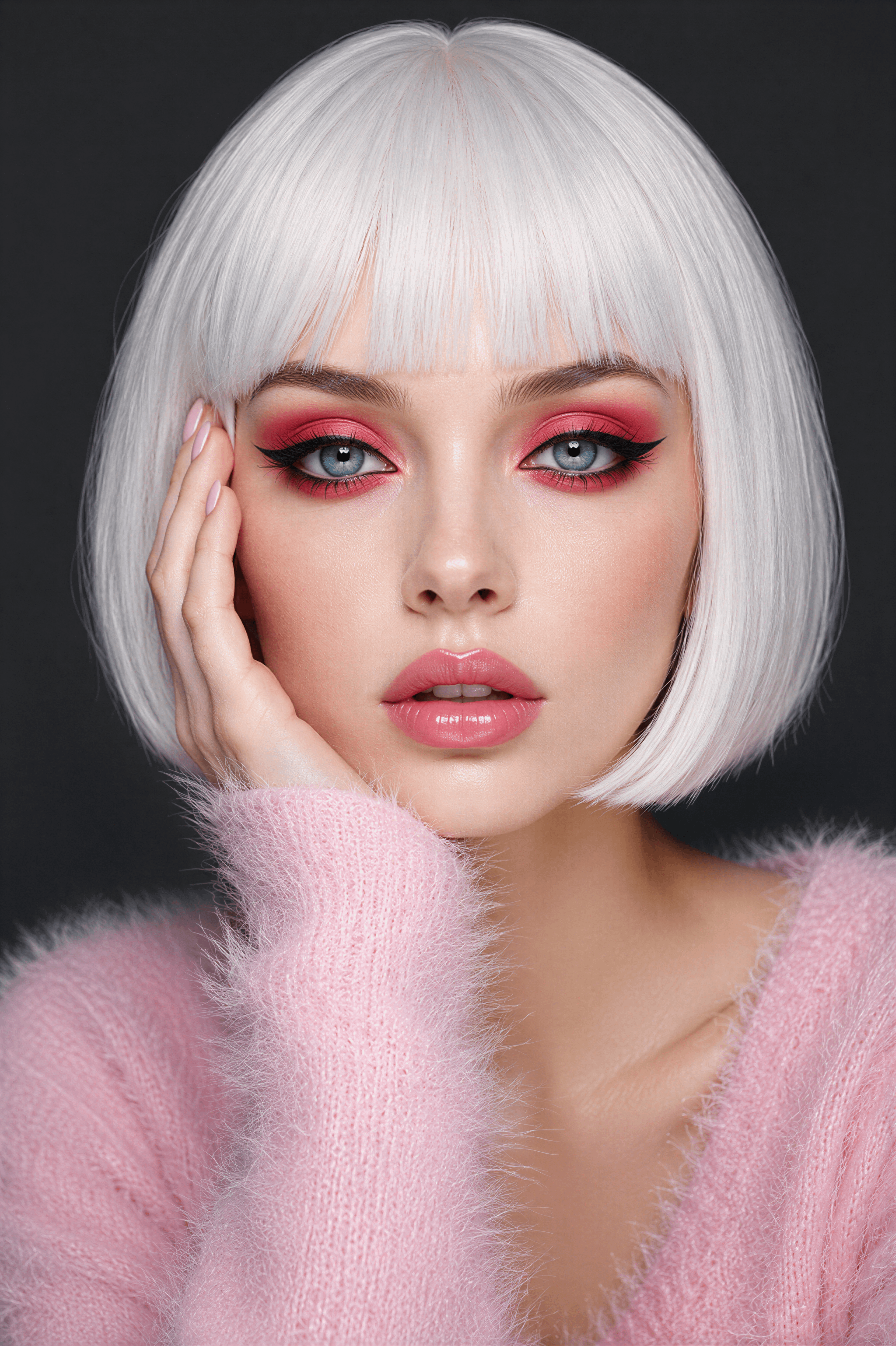 Close-up portrait of a person with a platinum bob haircut and pink sweater, soft lighting on smooth skin and vibrant makeup.