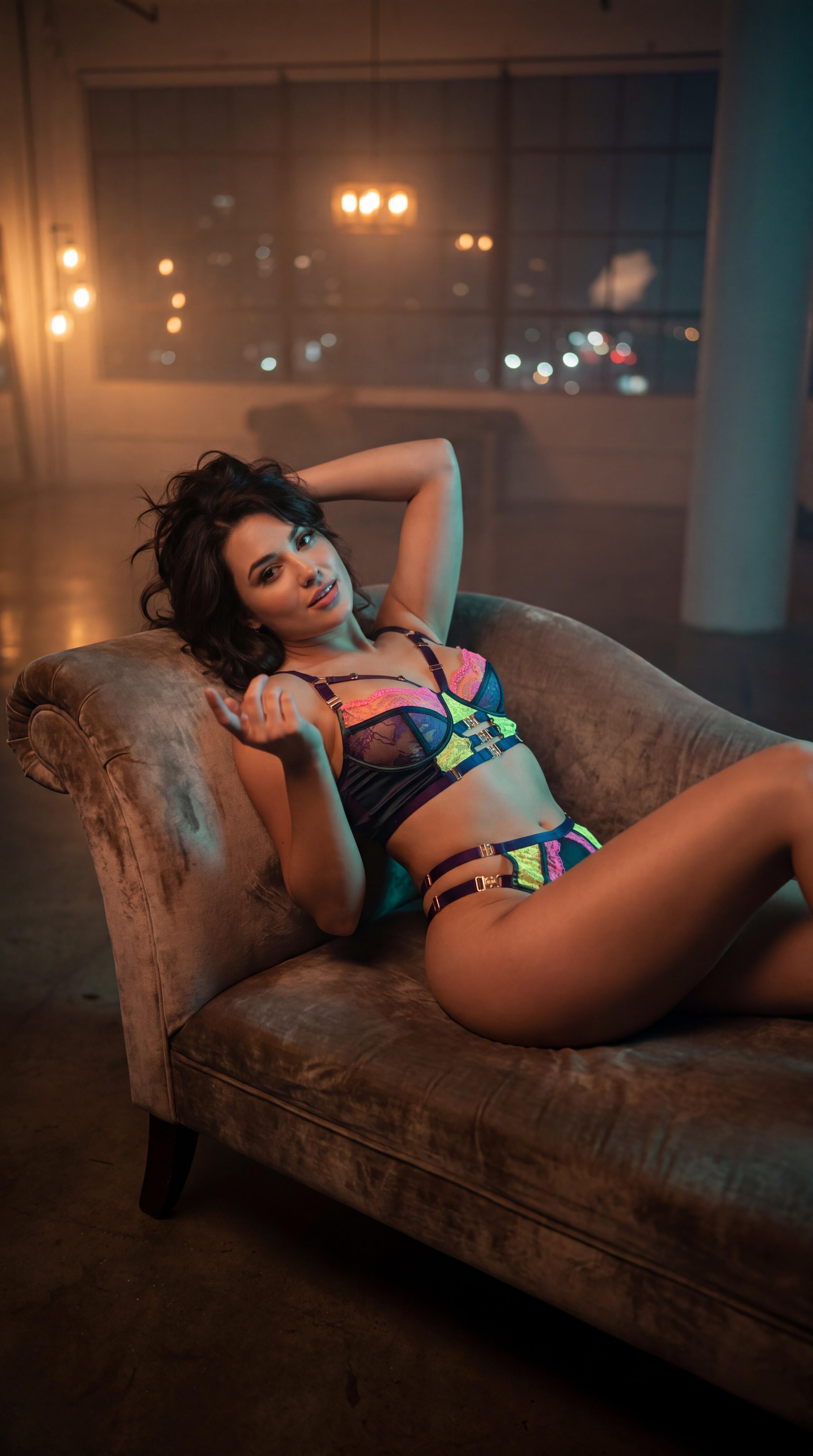 Velvet Chaise Lounge Neon Lingerie City Skyline Night