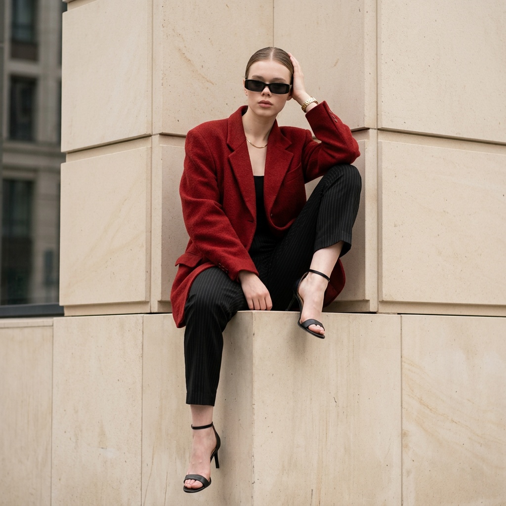 Red Blazer Woman Urban City Stone Wall Pose
