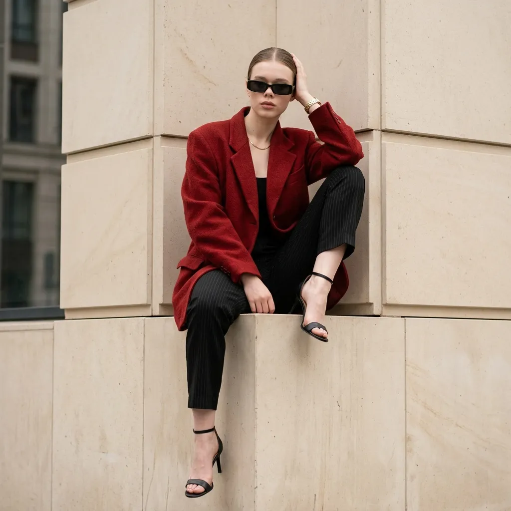 Red Blazer Woman Urban City Stone Wall Pose