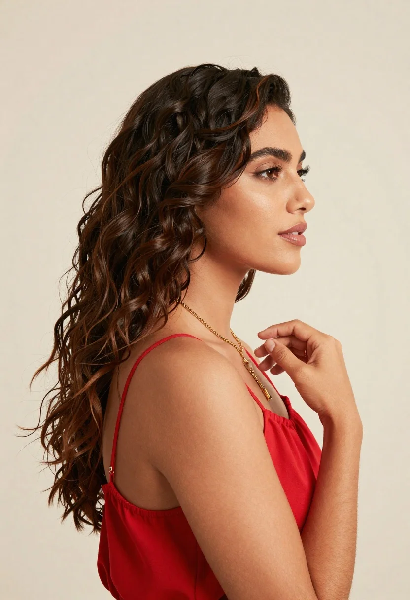 Woman With Long Dark Wavy Hair Stands Profile Against Plain reference photo