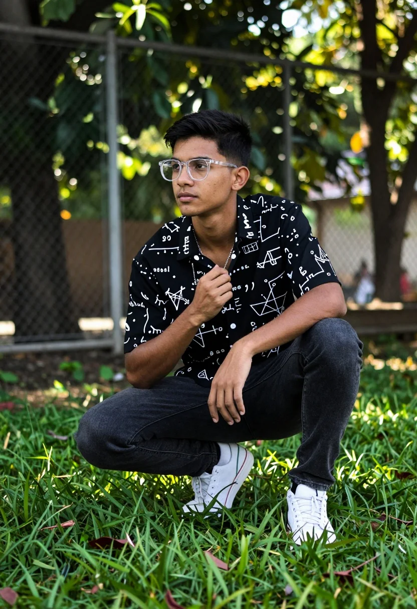 Young Man Crouching Grassy Outdoor Area With Trees And Foliage