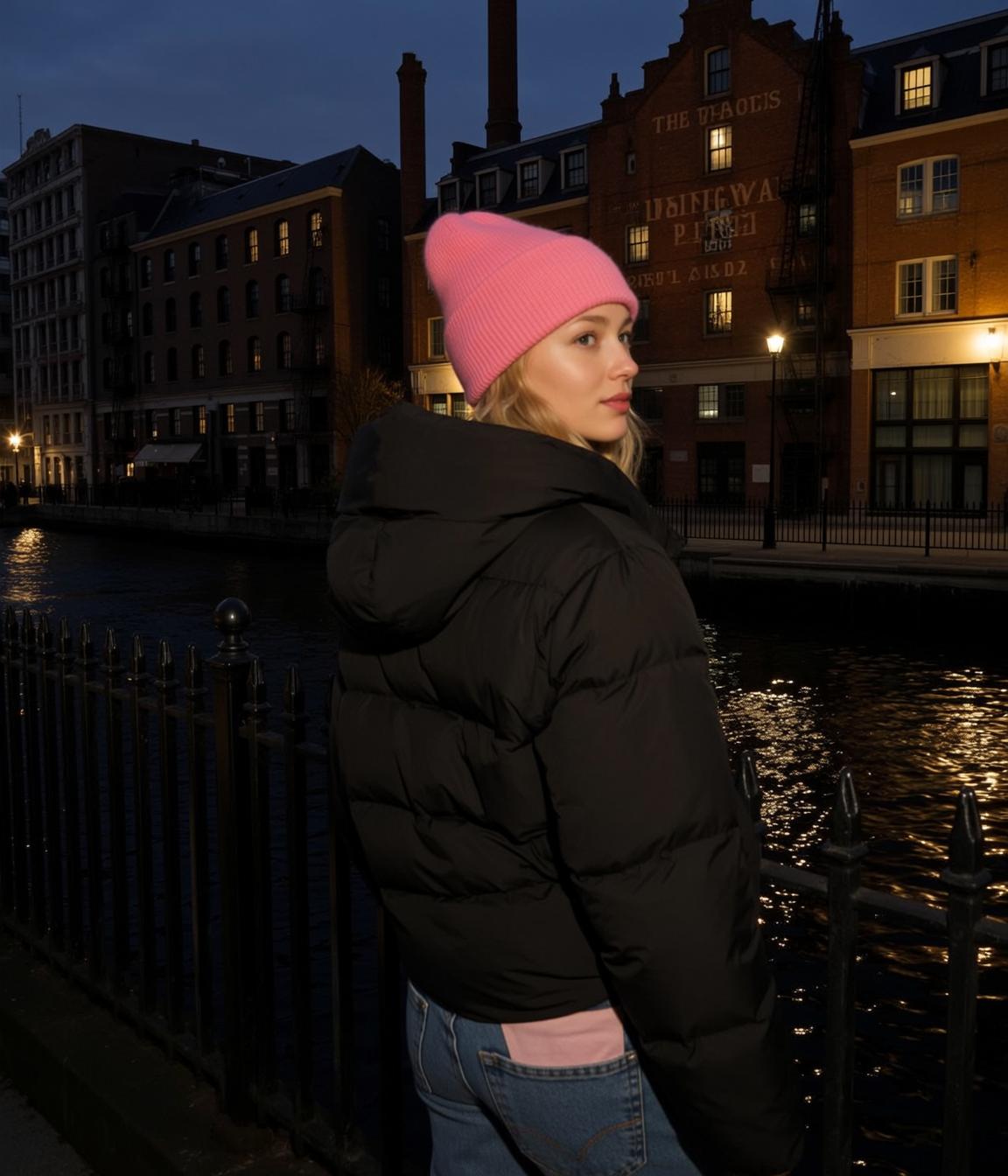 Pink Beanie Puffer Night Walk
