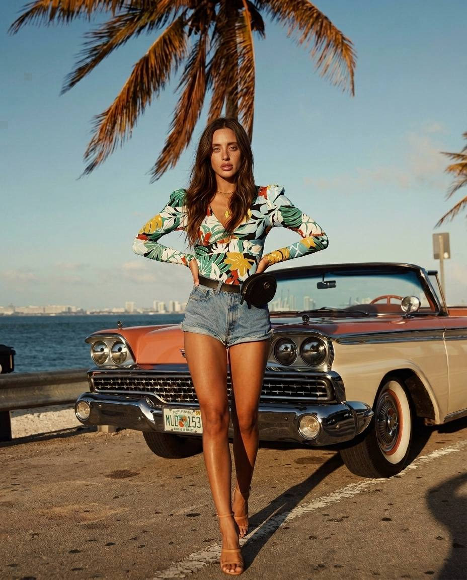 A woman confidently walking on the coast, wearing a floral blouse and high-waisted denim shorts, with palm trees in the background.