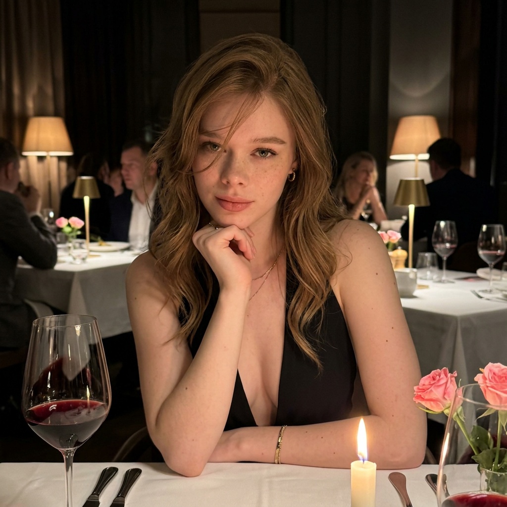 Portrait of a woman in a black deep V-neck dress, seated at an upscale restaurant, warm candlelight illuminating her calm expression.