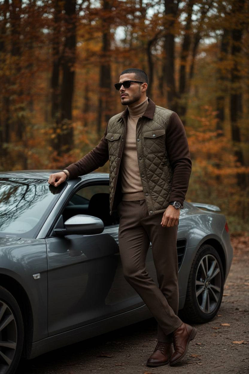 A man in a quilted khaki jacket and beige turtleneck stands by a gray sports car in an autumn forest, exuding calm confidence.