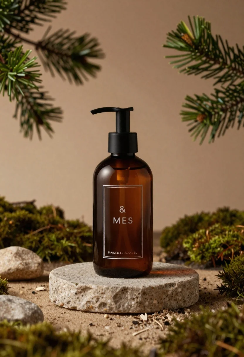 Minimalist Product Shot Dark Amber Glass Bottle With Black Pump