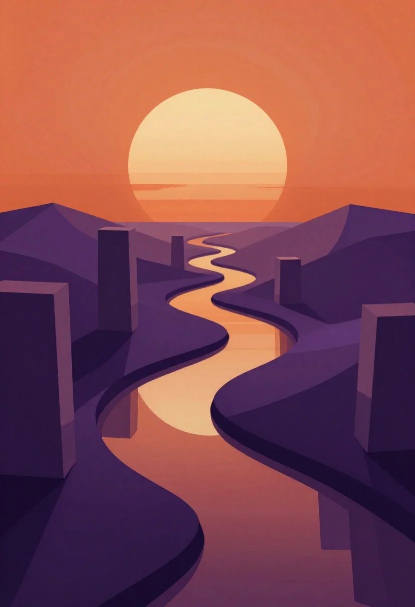 Digital Art Surreal Geometric Landscape Sunset Subject Large Soft Glowing reference photo