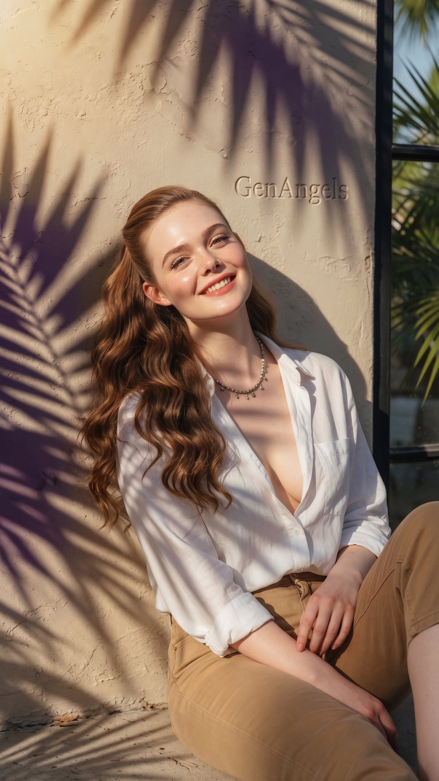 A woman with striking eyes and crimson lips reclines against a stucco wall, illuminated by dappled golden sunlight.