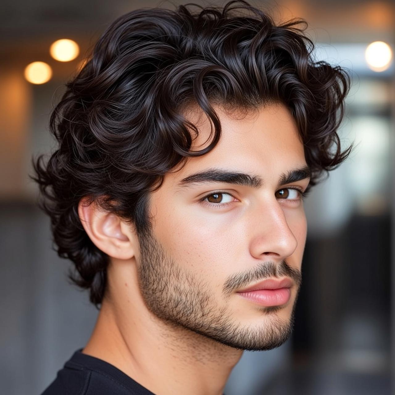 Young Dark Brown Curly Medium Length Light
