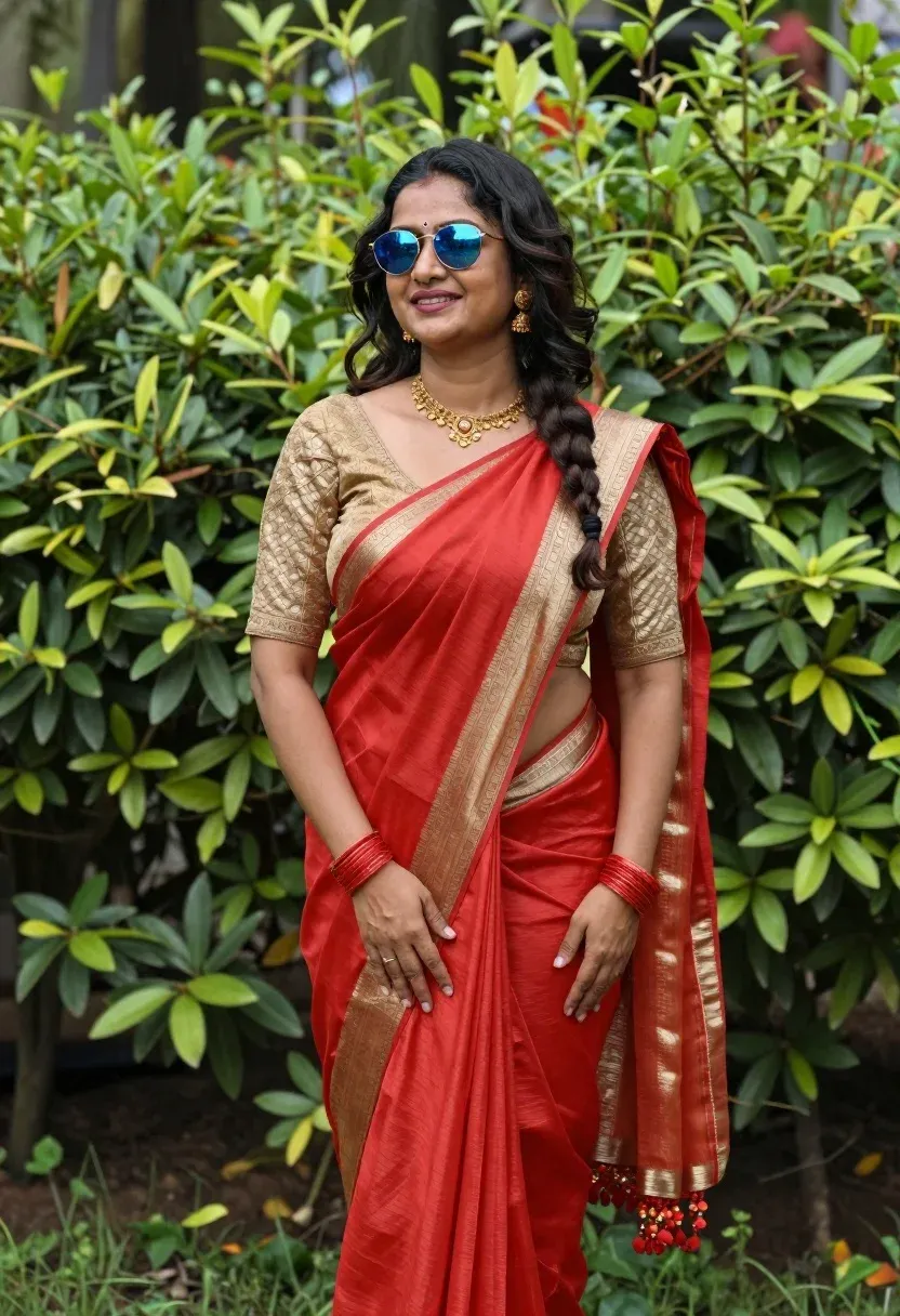 Confident Woman Wearing Bright Red Saree With Golden Borders Stands