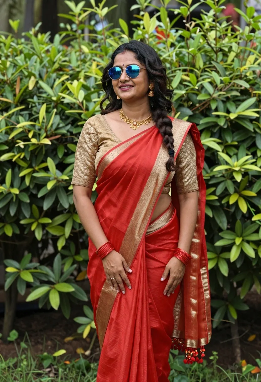 Confident Woman Wearing Bright Red Saree With Golden Borders Stands reference photo