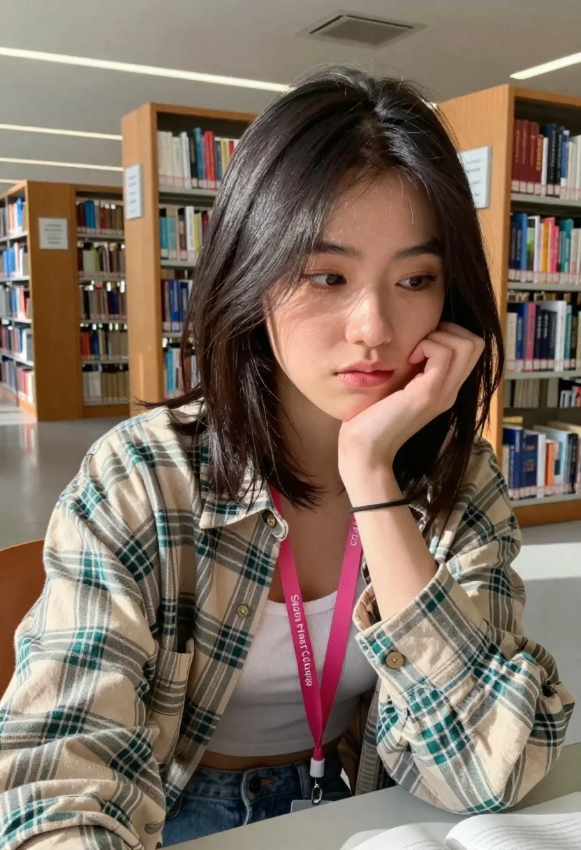 Young Woman With Dark Shoulder-length Hair Sits Library Resting Her reference photo