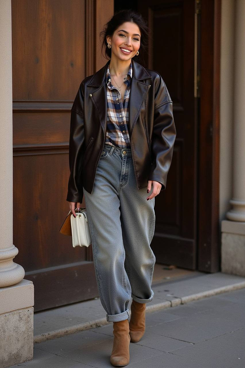 A woman joyfully walking outside a classic wooden doorway, showcasing a dark brown leather biker jacket layered over a plaid flannel shirt.