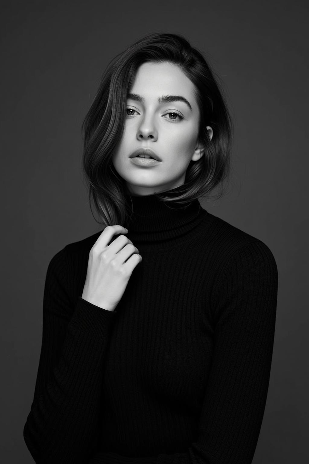 Photorealistic Black And White Portrait Young Woman Facing Forward With