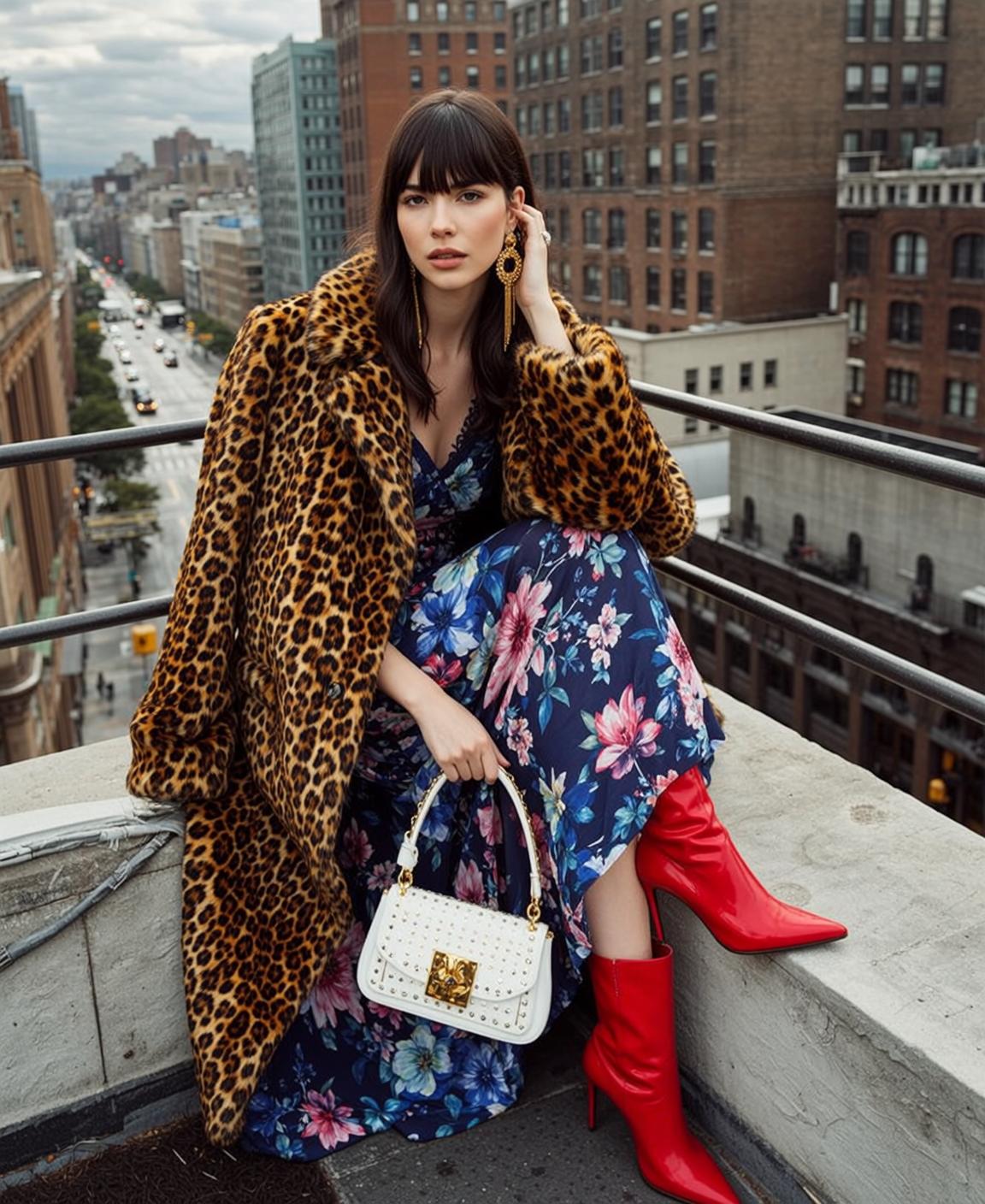Leopard Coat Floral Dress Concrete Ledge Red Boot