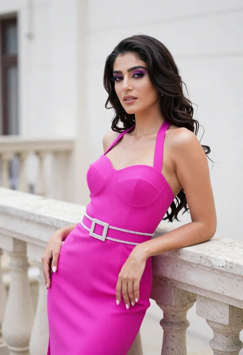 Woman With Long Dark Wavy Hair And Purple Eyeshadow Leans