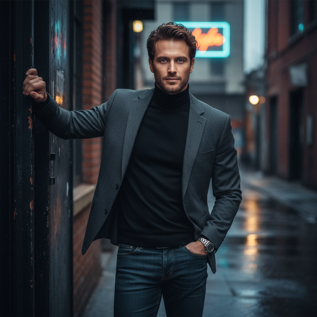 A stylish man with confident expression leans against a dark industrial metal door frame, showcasing hyper-realistic features.