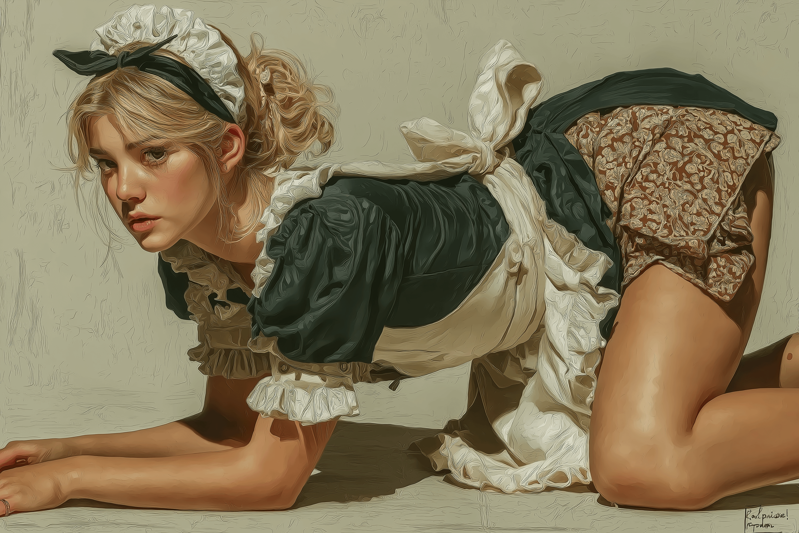 A low angle oil painting of a woman in a maid costume, showcasing her dark green dress and white apron against a gray wall.