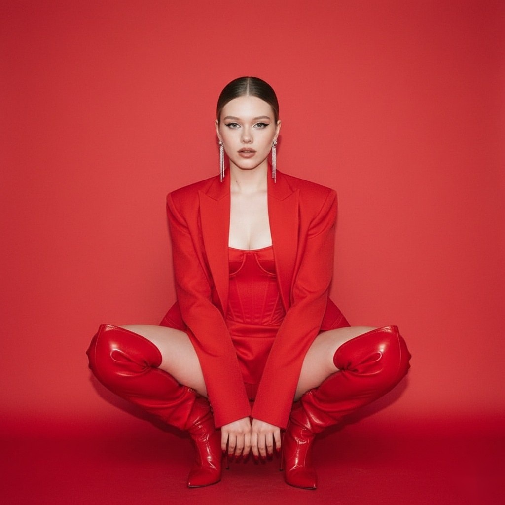 A woman in a bright red oversized suit sitting against a vivid red wall, exuding confidence and elegance.