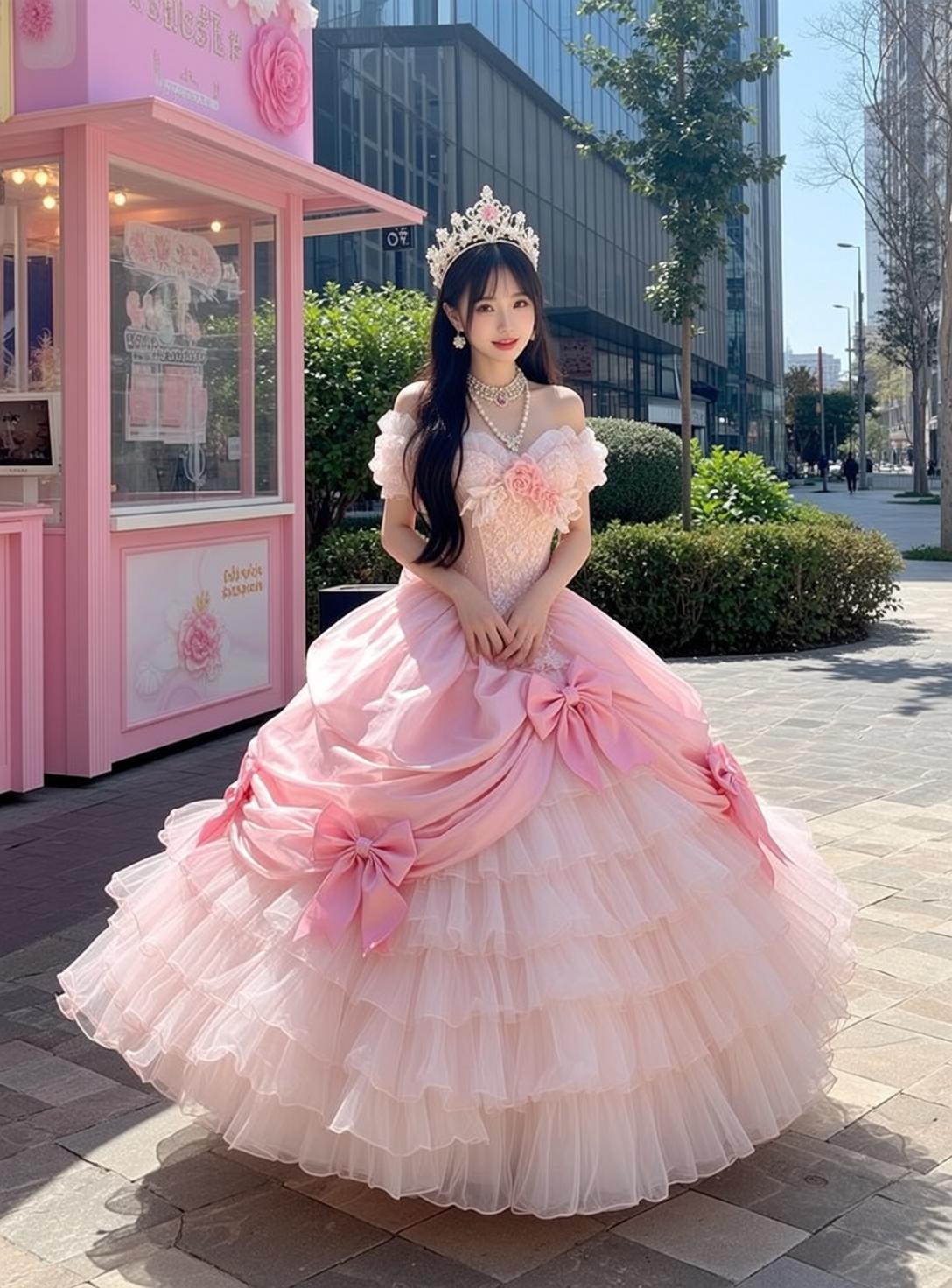 Pink Ballgown Layered Bow Gown