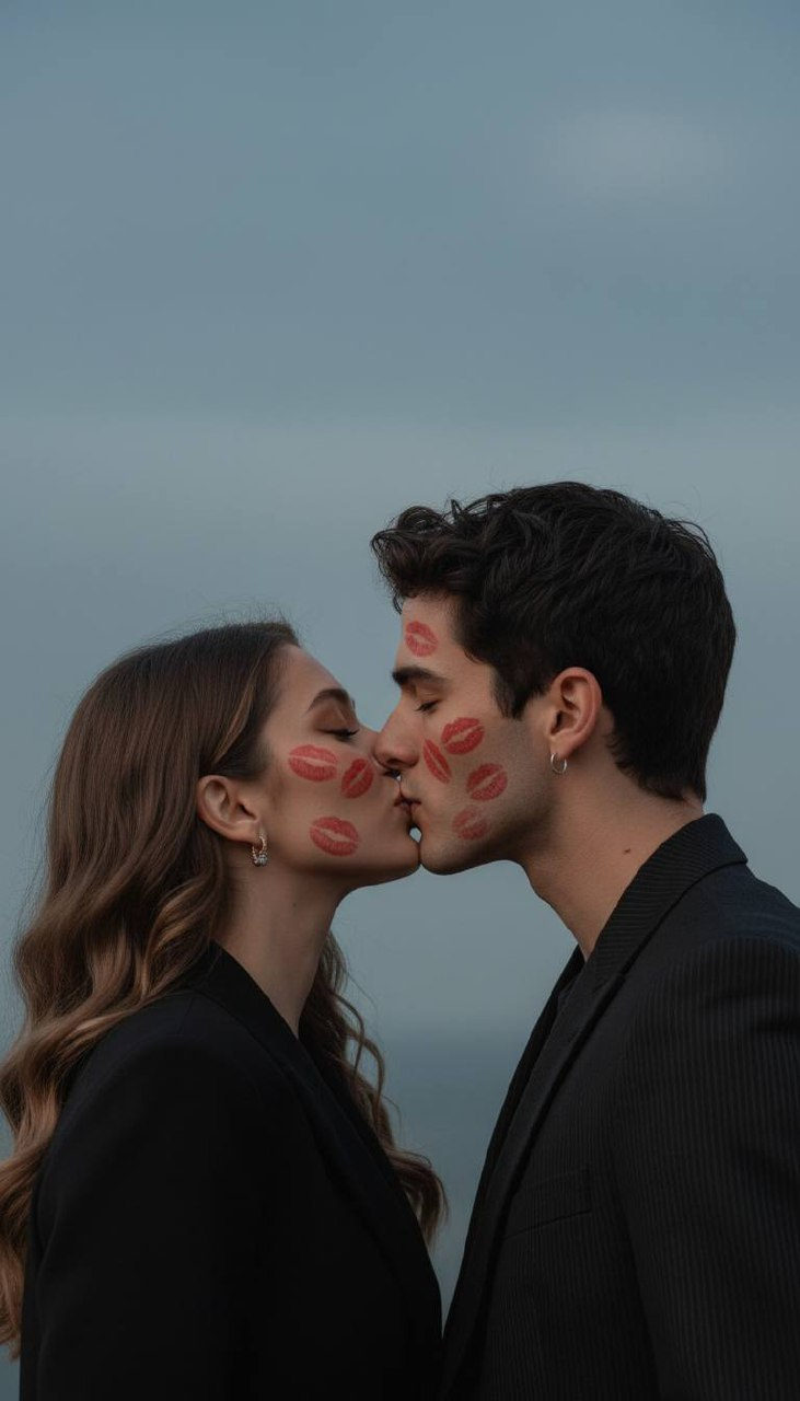 Close-up profile shot of a couple kissing, lipstick marks visible on their faces, soft natural lighting.
